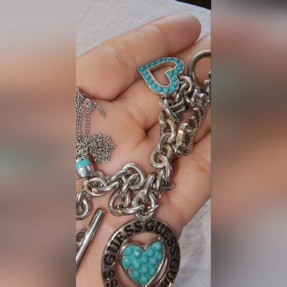 GUESS Silver-Tone Turquoise Heart & Charm Toggle Bracelet - Picture 10 of 11